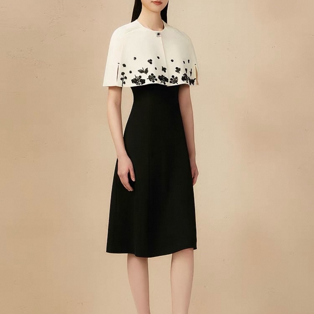 Black & White Floral Midi Dress and Short Cape Set with Crystal, Beads & Sequins